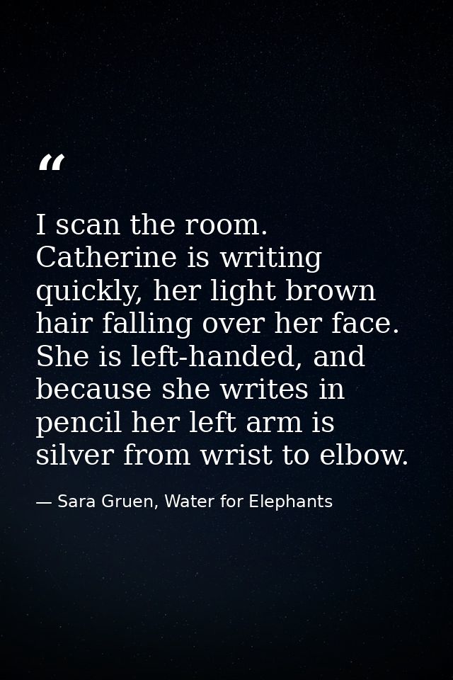 I scan the room. Catherine is writing quickly, her light brown hair falling over her face. She is left-handed, and becau — Sara Gruen, Water for Elephants