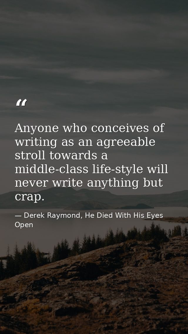 Anyone who conceives of writing as an agreeable stroll towards a middle-class life-style will never write anything but c — Derek Raymond, He Died With His Eyes Open