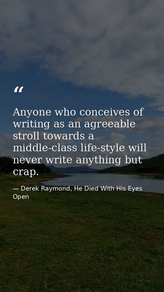 Anyone who conceives of writing as an agreeable stroll towards a middle-class life-style will never write anything but c — Derek Raymond, He Died With His Eyes Open