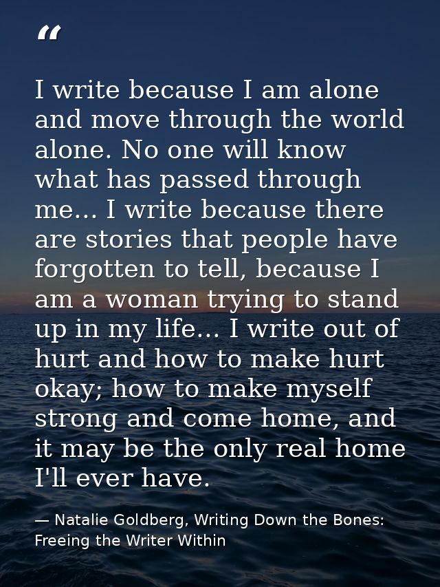 I write because I am alone and move through the world alone. No one will know what has passed through me... I write beca — Natalie Goldberg, Writing Down the Bones: Freeing the Writer Within