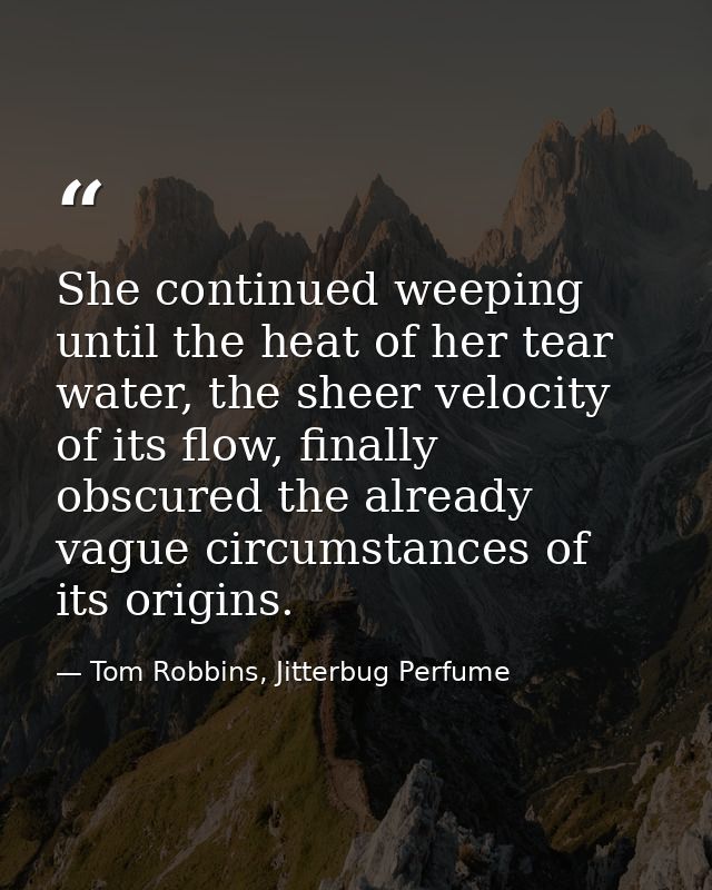 She continued weeping until the heat of her tear water, the sheer velocity of its flow, finally obscured the already vag — Tom Robbins, Jitterbug Perfume
