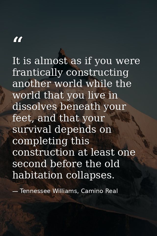 It is almost as if you were frantically constructing another world while the world that you live in dissolves beneath yo — Tennessee Williams, Camino Real