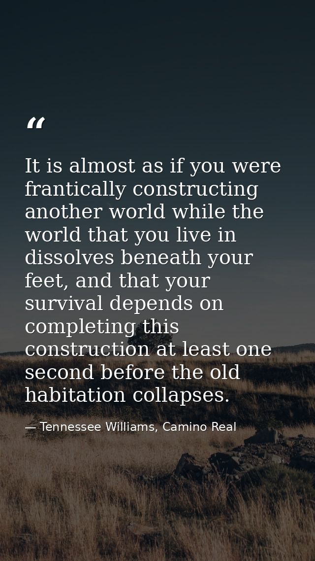 It is almost as if you were frantically constructing another world while the world that you live in dissolves beneath yo — Tennessee Williams, Camino Real