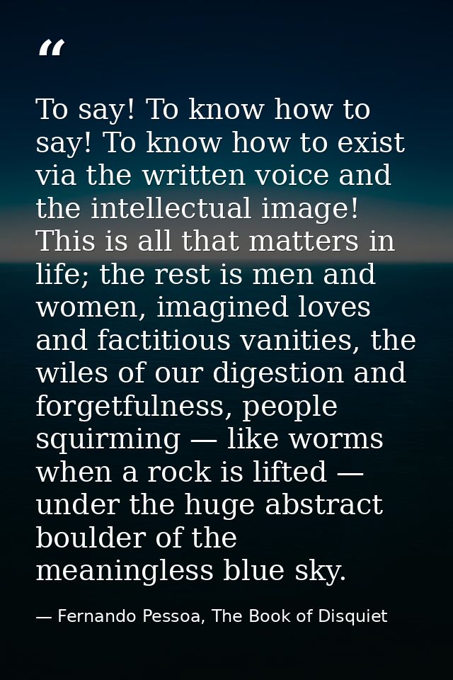 To say! To know how to say! To know how to exist via the written voice and the intellectual image! This is all that matt — Fernando Pessoa, The Book of Disquiet