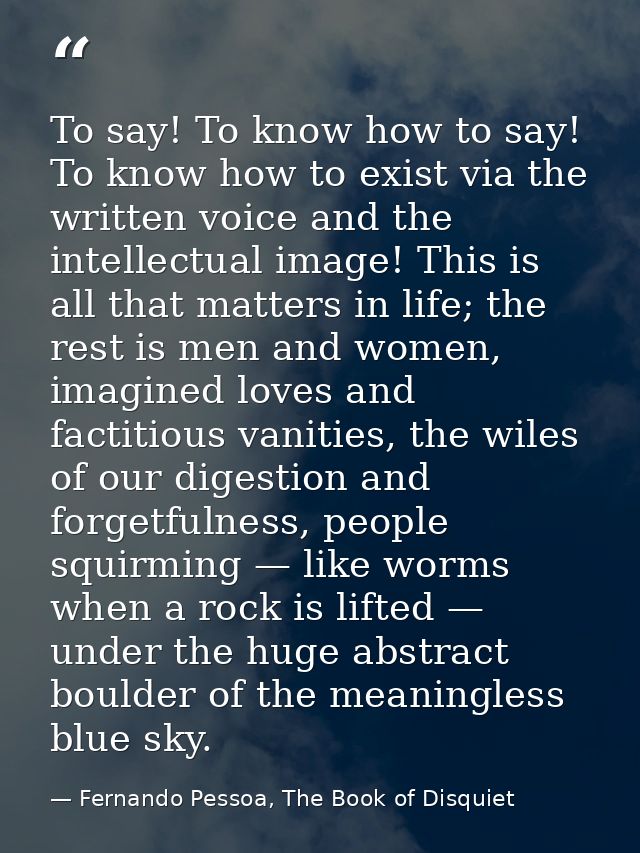 To say! To know how to say! To know how to exist via the written voice and the intellectual image! This is all that matt — Fernando Pessoa, The Book of Disquiet