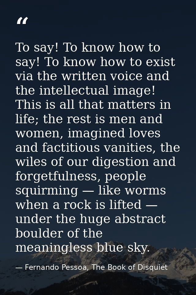 To say! To know how to say! To know how to exist via the written voice and the intellectual image! This is all that matt — Fernando Pessoa, The Book of Disquiet