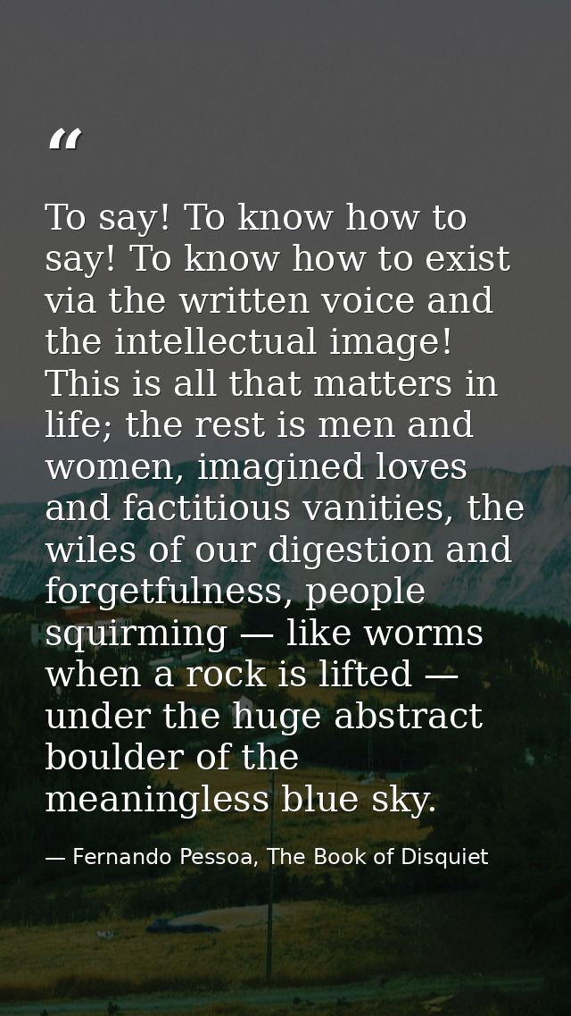 To say! To know how to say! To know how to exist via the written voice and the intellectual image! This is all that matt — Fernando Pessoa, The Book of Disquiet