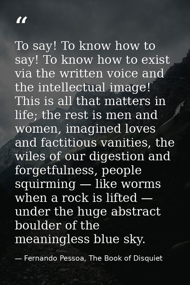 To say! To know how to say! To know how to exist via the written voice and the intellectual image! This is all that matt — Fernando Pessoa, The Book of Disquiet