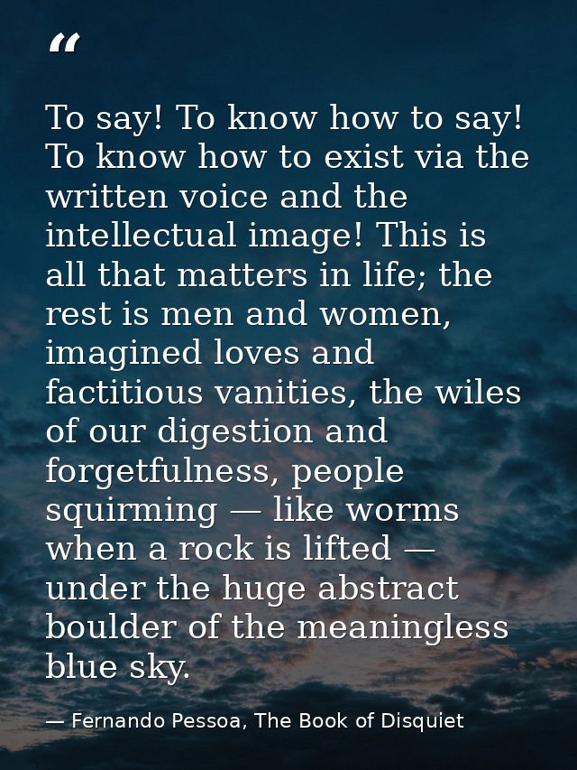 To say! To know how to say! To know how to exist via the written voice and the intellectual image! This is all that matt — Fernando Pessoa, The Book of Disquiet