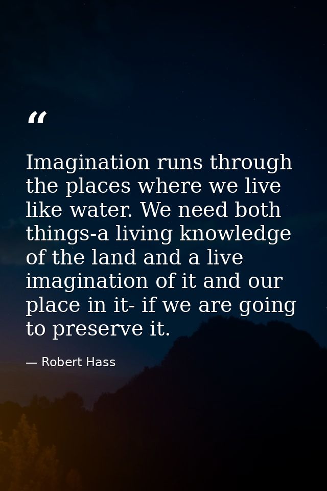 Imagination runs through the places where we live like water. We need both things-a living knowledge of the land and a l — Robert Hass
