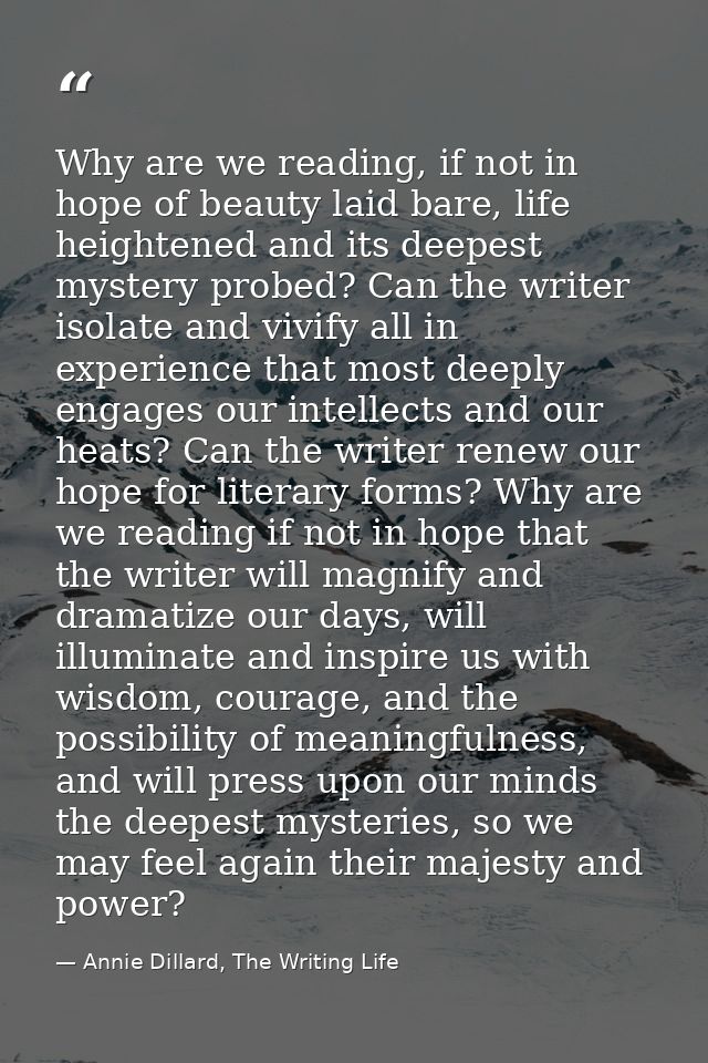 Why are we reading, if not in hope of beauty laid bare, life heightened and its deepest mystery probed? Can the writer i — Annie Dillard, The Writing Life