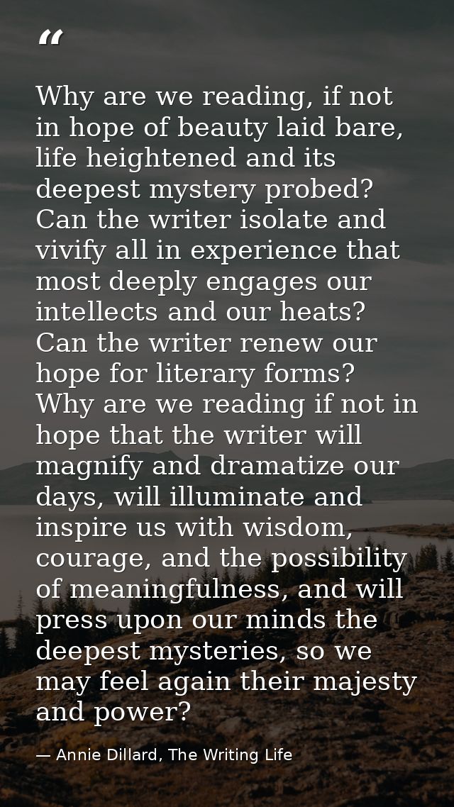 Why are we reading, if not in hope of beauty laid bare, life heightened and its deepest mystery probed? Can the writer i — Annie Dillard, The Writing Life
