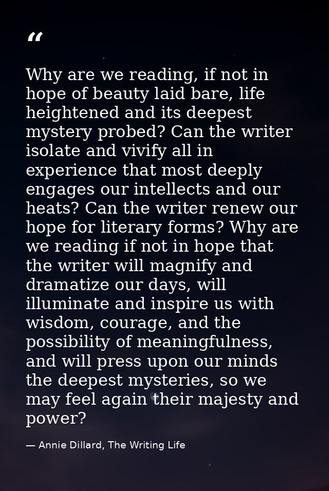 Why are we reading, if not in hope of beauty laid bare, life heightened and its deepest mystery probed? Can the writer i — Annie Dillard, The Writing Life