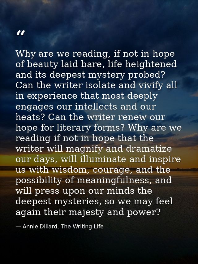 Why are we reading, if not in hope of beauty laid bare, life heightened and its deepest mystery probed? Can the writer i — Annie Dillard, The Writing Life
