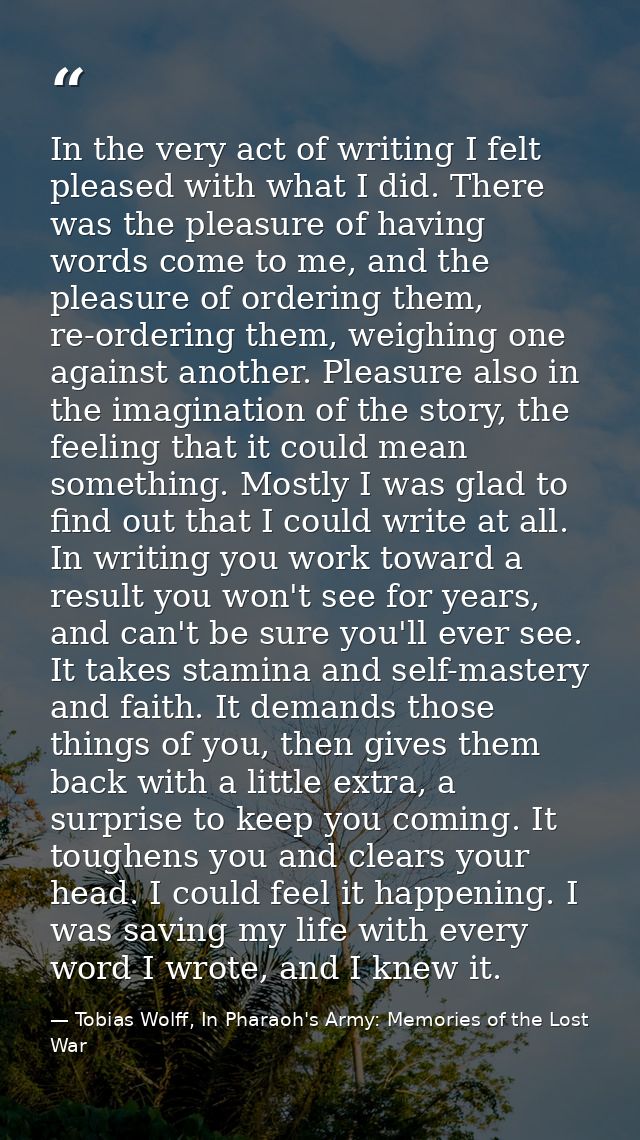 In the very act of writing I felt pleased with what I did. There was the pleasure of having words come to me, and the pl — Tobias Wolff, In Pharaoh's Army: Memories of the Lost War