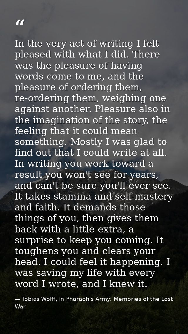 In the very act of writing I felt pleased with what I did. There was the pleasure of having words come to me, and the pl — Tobias Wolff, In Pharaoh's Army: Memories of the Lost War