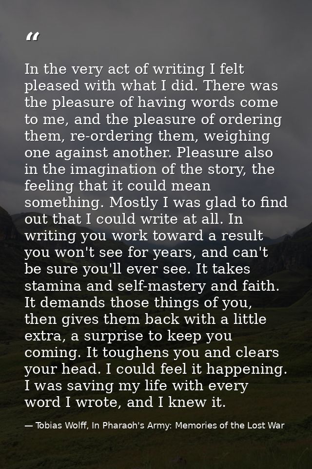 In the very act of writing I felt pleased with what I did. There was the pleasure of having words come to me, and the pl — Tobias Wolff, In Pharaoh's Army: Memories of the Lost War