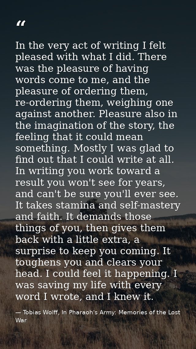 In the very act of writing I felt pleased with what I did. There was the pleasure of having words come to me, and the pl — Tobias Wolff, In Pharaoh's Army: Memories of the Lost War