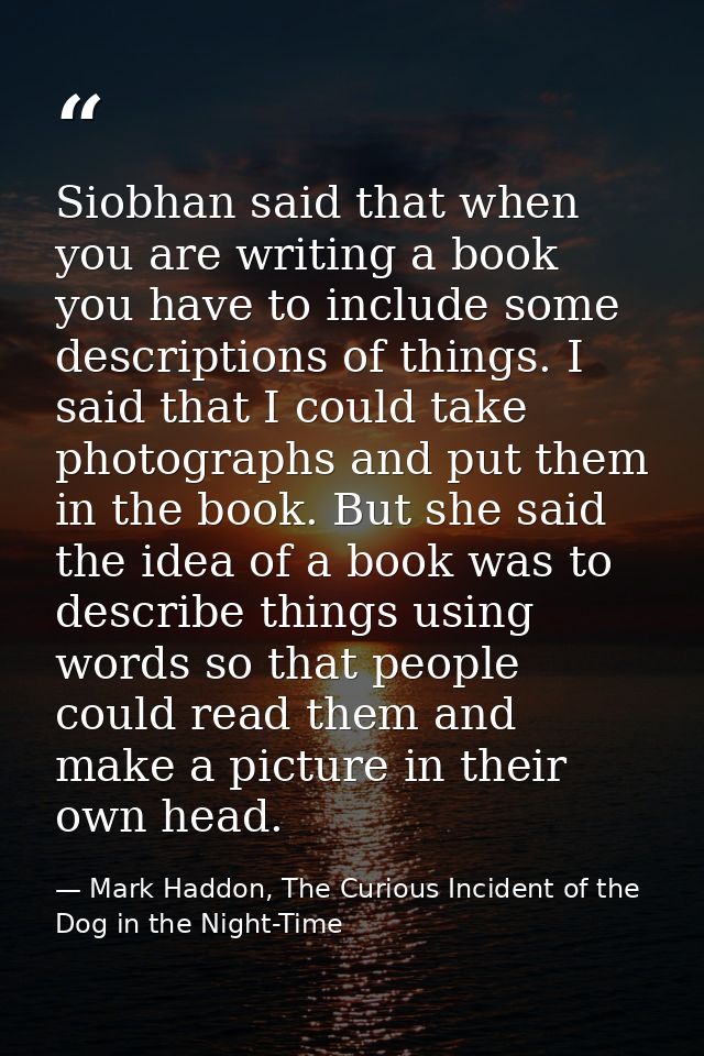 Siobhan said that when you are writing a book you have to include some descriptions of things. I said that I could take  — Mark Haddon, The Curious Incident of the Dog in the Night-Time