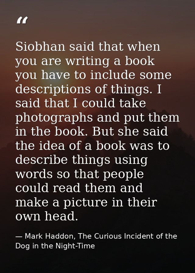 Siobhan said that when you are writing a book you have to include some descriptions of things. I said that I could take  — Mark Haddon, The Curious Incident of the Dog in the Night-Time