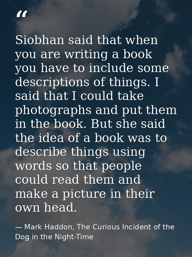 Siobhan said that when you are writing a book you have to include some descriptions of things. I said that I could take  — Mark Haddon, The Curious Incident of the Dog in the Night-Time