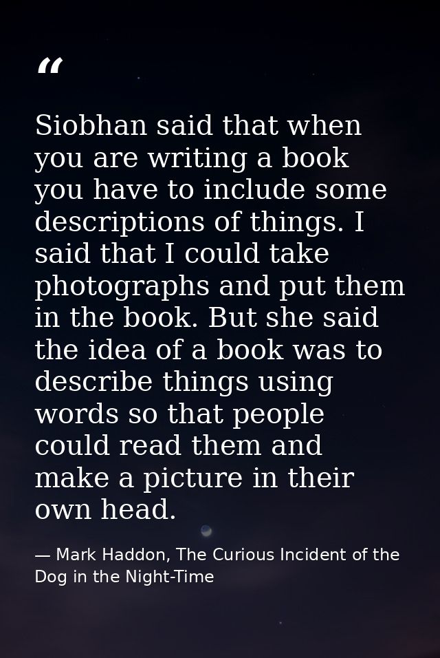 Siobhan said that when you are writing a book you have to include some descriptions of things. I said that I could take  — Mark Haddon, The Curious Incident of the Dog in the Night-Time