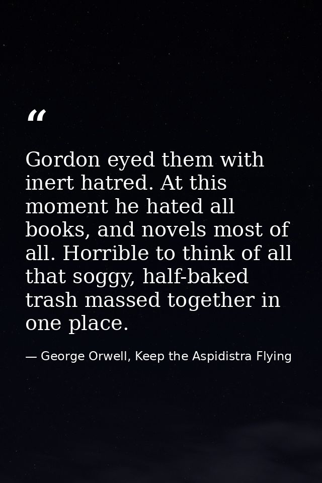 Gordon eyed them with inert hatred. At this moment he hated all books, and novels most of all. Horrible to think of all  — George Orwell, Keep the Aspidistra Flying