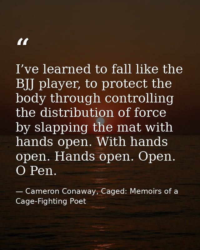 I’ve learned to fall like the BJJ player, to protect the body through controlling the distribution of force by slapping  — Cameron Conaway, Caged: Memoirs of a Cage-Fighting Poet