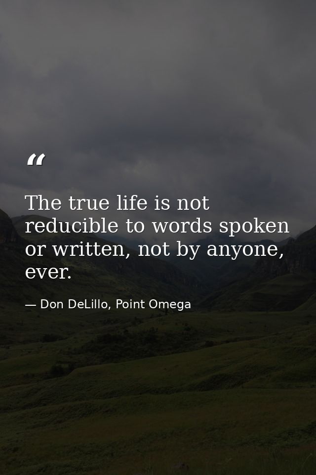 The true life is not reducible to words spoken or written, not by anyone, ever. — Don DeLillo, Point Omega