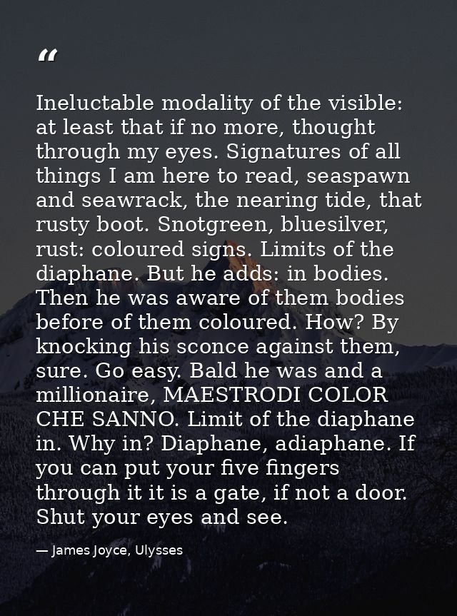 Ineluctable modality of the visible: at least that if no more, thought through my eyes. Signatures of all things I am he — James Joyce, Ulysses