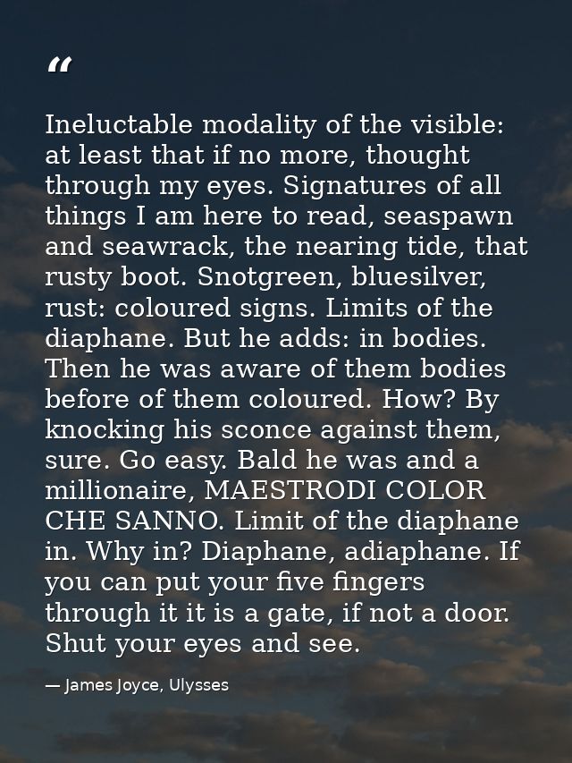 Ineluctable modality of the visible: at least that if no more, thought through my eyes. Signatures of all things I am he — James Joyce, Ulysses