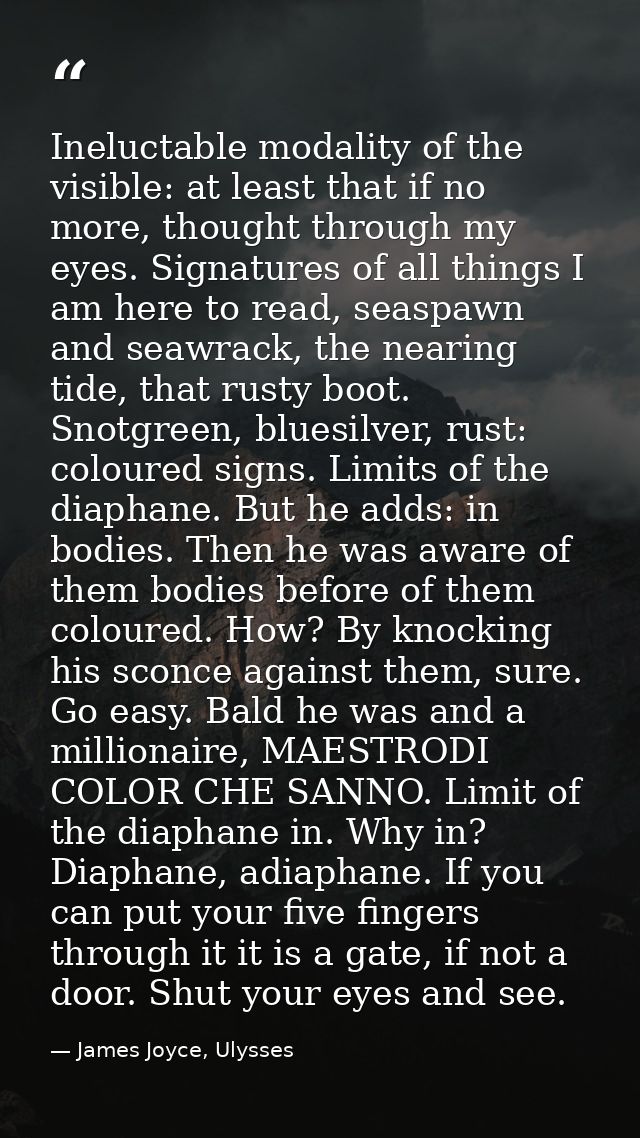 Ineluctable modality of the visible: at least that if no more, thought through my eyes. Signatures of all things I am he — James Joyce, Ulysses