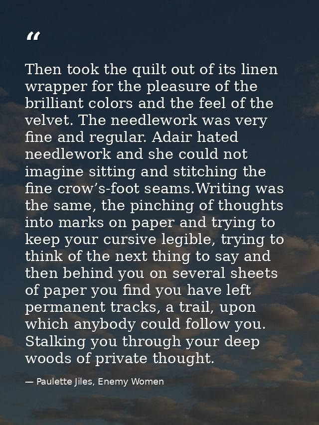 Then took the quilt out of its linen wrapper for the pleasure of the brilliant colors and the feel of the velvet. The ne — Paulette Jiles, Enemy Women
