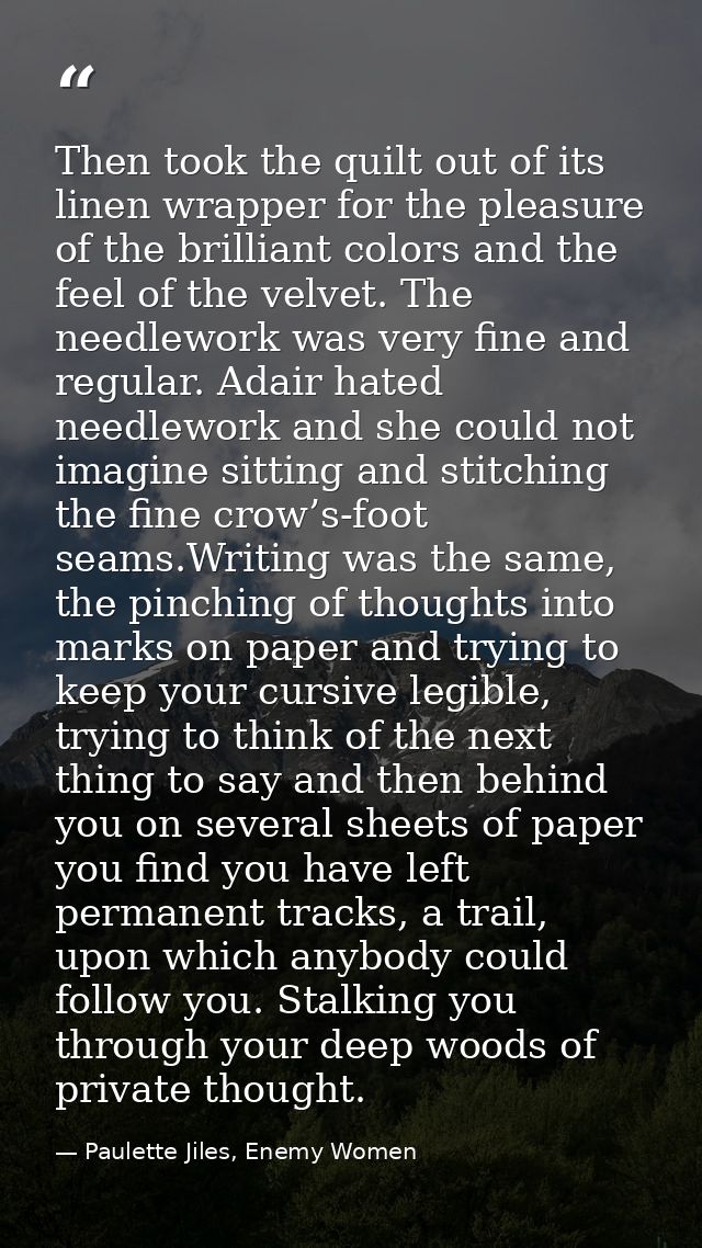 Then took the quilt out of its linen wrapper for the pleasure of the brilliant colors and the feel of the velvet. The ne — Paulette Jiles, Enemy Women