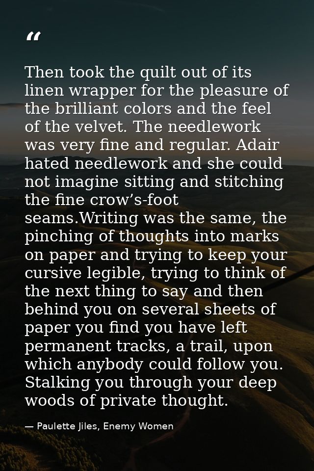 Then took the quilt out of its linen wrapper for the pleasure of the brilliant colors and the feel of the velvet. The ne — Paulette Jiles, Enemy Women
