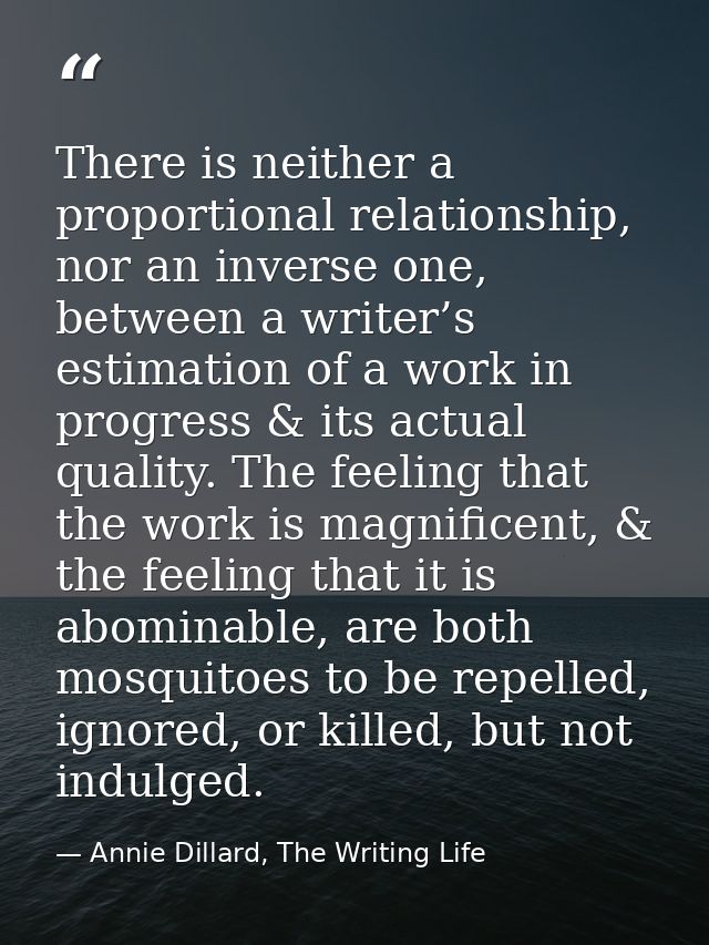 There is neither a proportional relationship, nor an inverse one, between a writer’s estimation of a work in progress &  — Annie Dillard, The Writing Life