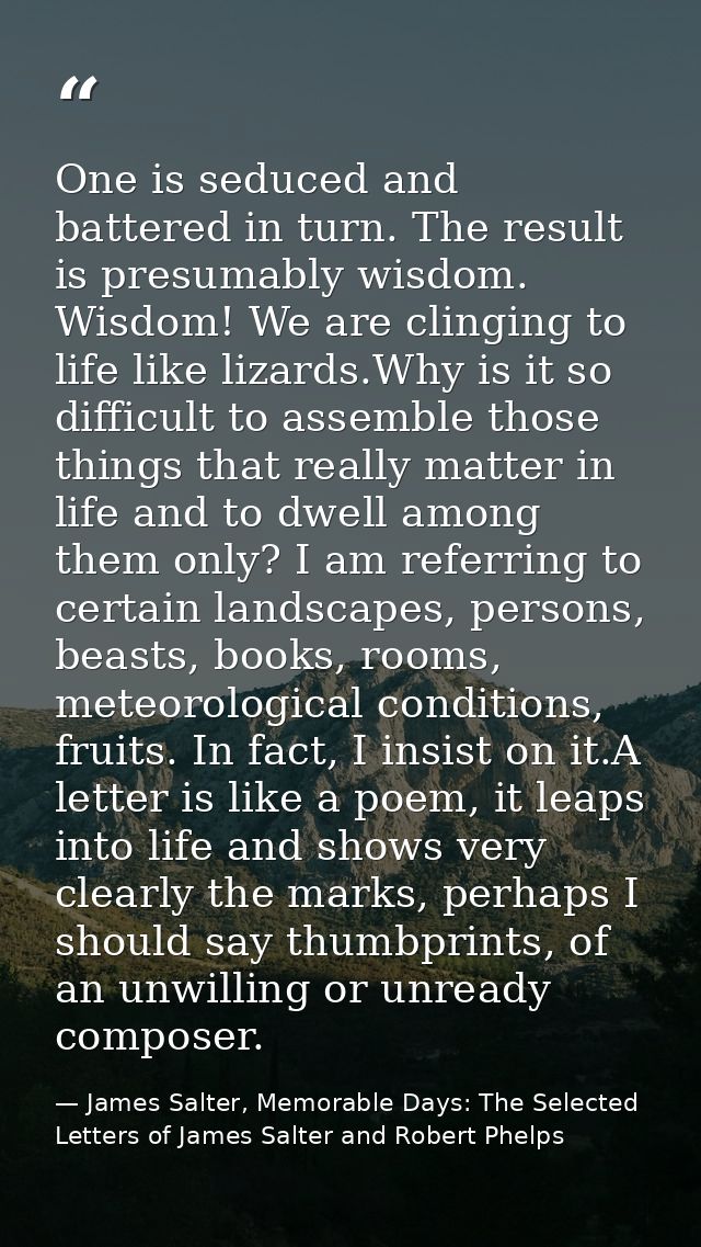 One is seduced and battered in turn. The result is presumably wisdom. Wisdom! We are clinging to life like lizards.Why i — James Salter, Memorable Days: The Selected Letters of James Salter and Robert Phelps