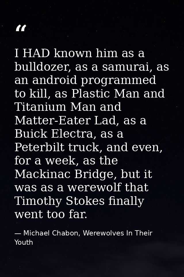 I HAD known him as a bulldozer, as a samurai, as an android programmed to kill, as Plastic Man and Titanium Man and Matt — Michael Chabon, Werewolves In Their Youth