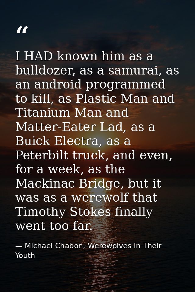 I HAD known him as a bulldozer, as a samurai, as an android programmed to kill, as Plastic Man and Titanium Man and Matt — Michael Chabon, Werewolves In Their Youth