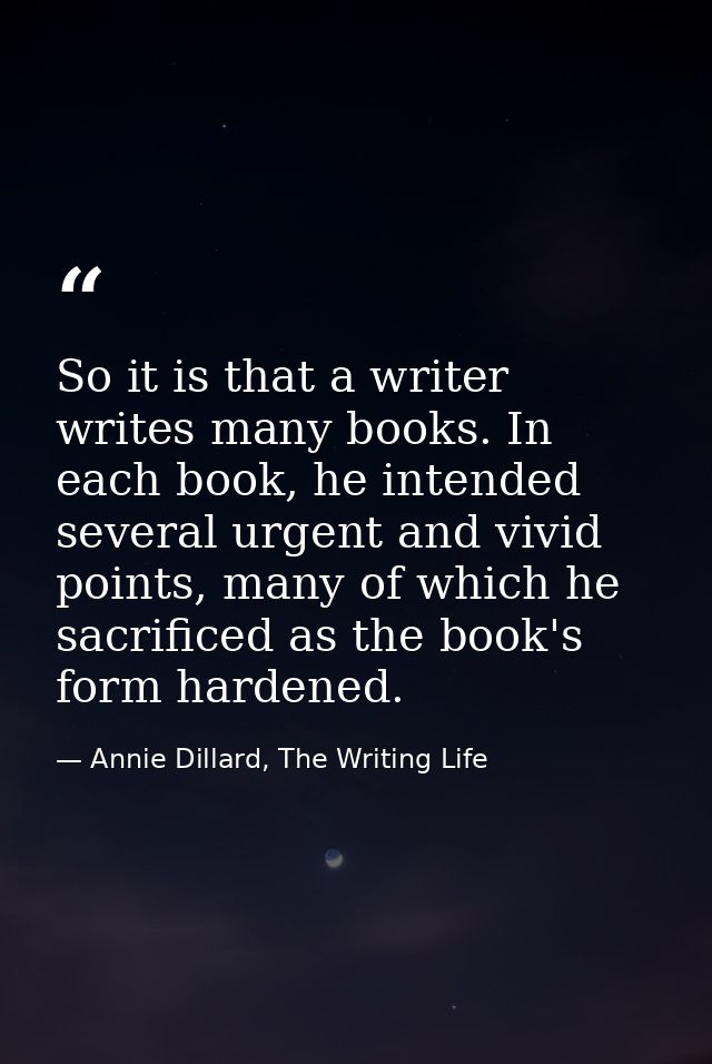 So it is that a writer writes many books. In each book, he intended several urgent and vivid points, many of which he sa — Annie Dillard, The Writing Life