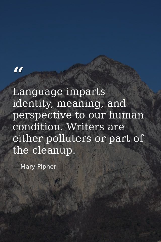 Language imparts identity, meaning, and perspective to our human condition. Writers are either polluters or part of the  — Mary Pipher