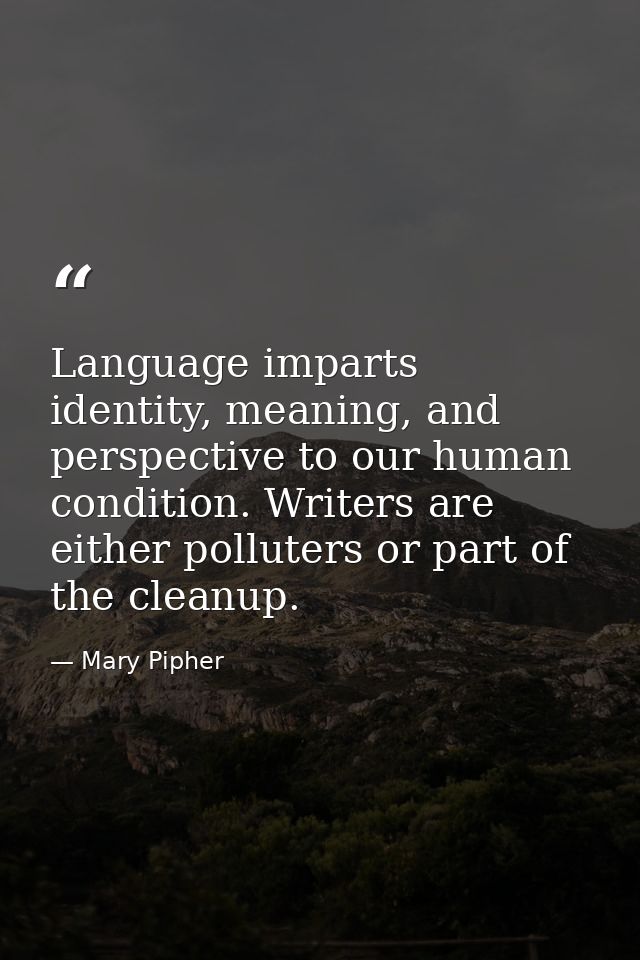 Language imparts identity, meaning, and perspective to our human condition. Writers are either polluters or part of the  — Mary Pipher
