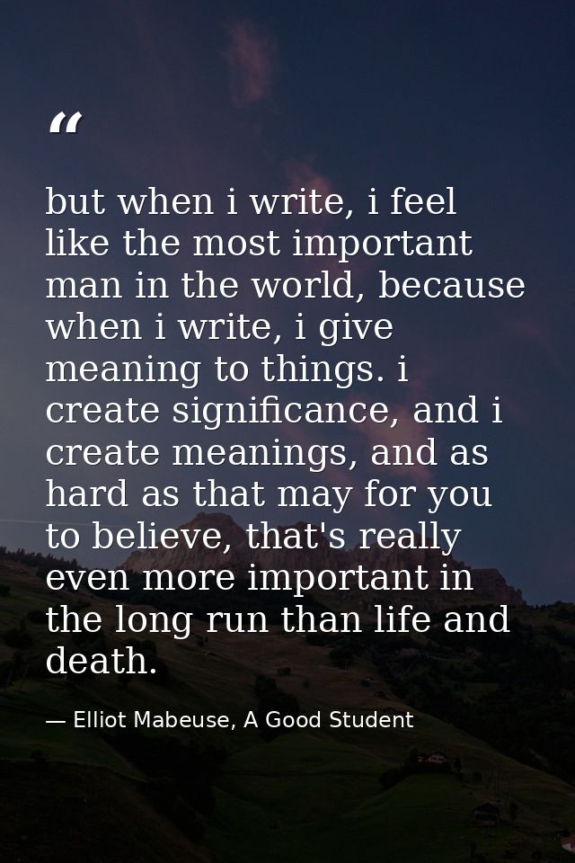 but when i write, i feel like the most important man in the world, because when i write, i give meaning to things. i cre — Elliot Mabeuse, A Good Student