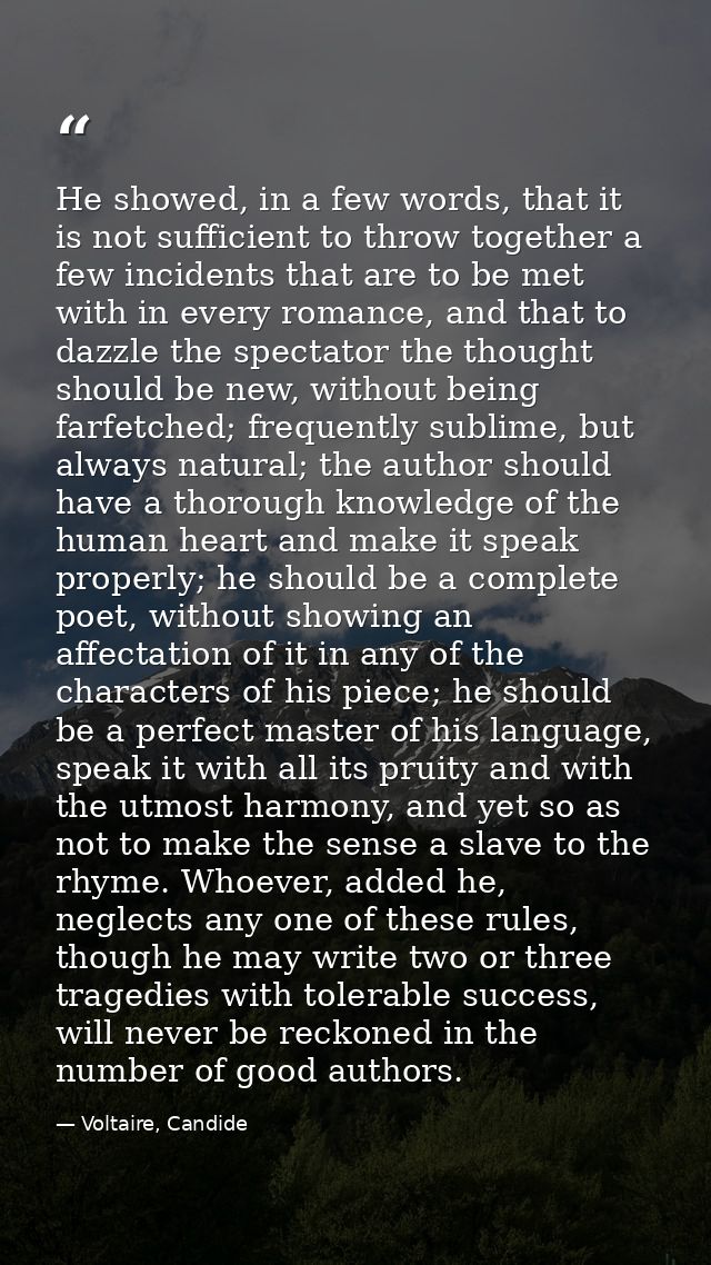 He showed, in a few words, that it is not sufficient to throw together a few incidents that are to be met with in every  — Voltaire, Candide