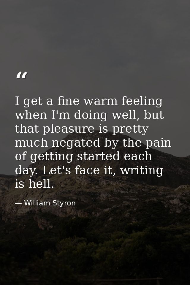 I get a fine warm feeling when I'm doing well, but that pleasure is pretty much negated by the pain of getting started e — William Styron