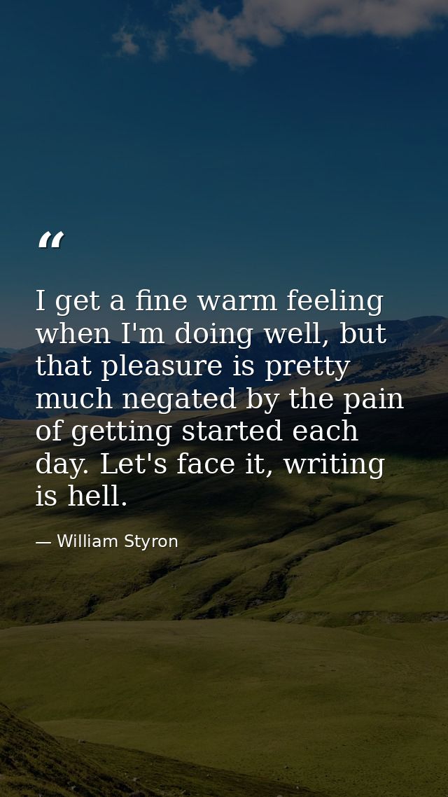 I get a fine warm feeling when I'm doing well, but that pleasure is pretty much negated by the pain of getting started e — William Styron