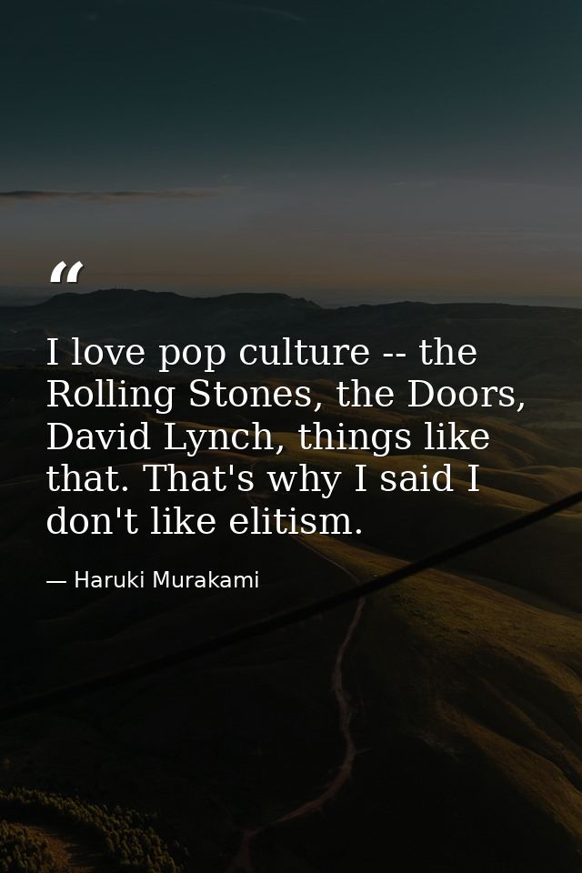 I love pop culture -- the Rolling Stones, the Doors, David Lynch, things like that. That's why I said I don't like eliti — Haruki Murakami