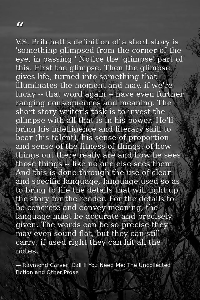 V.S. Pritchett's definition of a short story is 'something glimpsed from the corner of the eye, in passing.' Notice the  — Raymond Carver, Call If You Need Me: The Uncollected Fiction and Other Prose