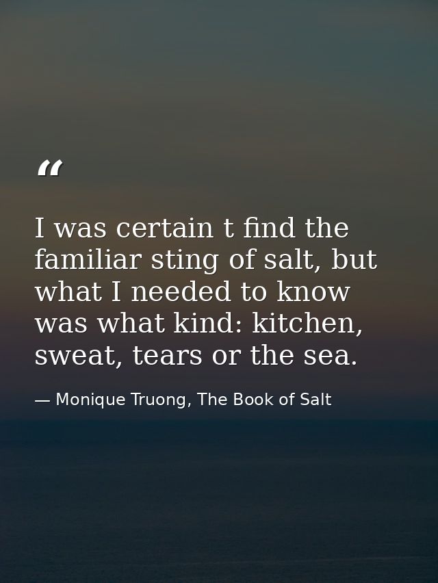 I was certain t find the familiar sting of salt, but what I needed to know was what kind: kitchen, sweat, tears or the s — Monique Truong, The Book of Salt