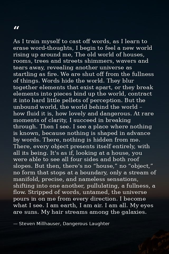 As I train myself to cast off words, as I learn to erase word-thoughts, I begin to feel a new world rising up around me, — Steven Millhauser, Dangerous Laughter